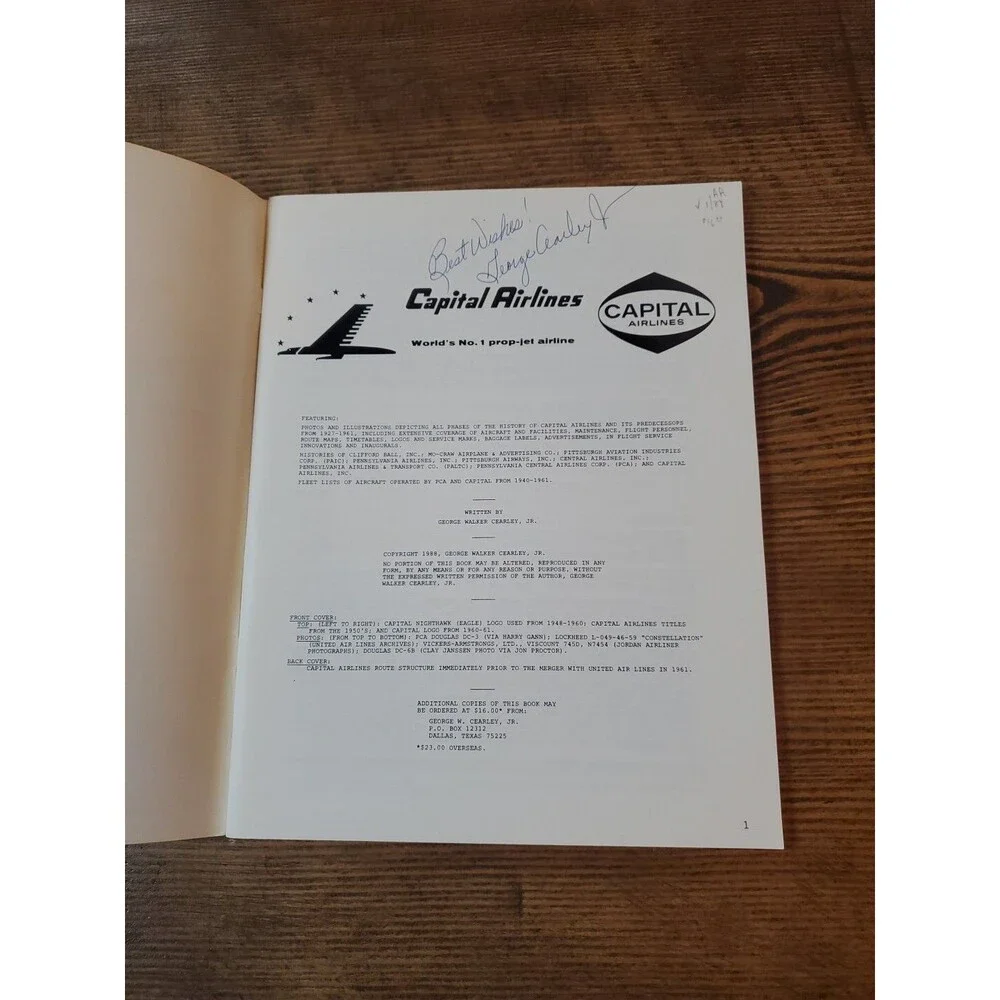 Signed George Cearley - Capital AirLines World's No.1 Prop Jet Airline